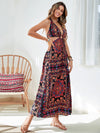 Allover Print O ring Ruched Cut Out Waist Tie Backless Dress