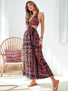 Allover Print O ring Ruched Cut Out Waist Tie Backless Dress