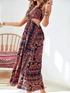 Allover Print O ring Ruched Cut Out Waist Tie Backless Dress