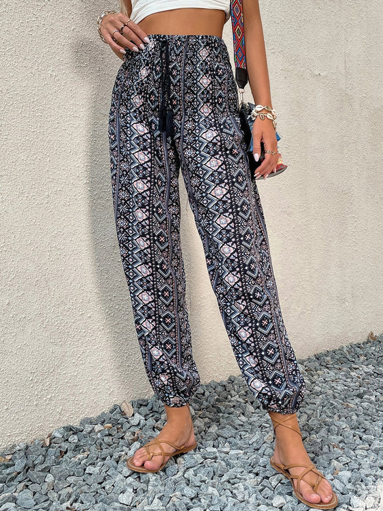 Allover Geo Print Tassel Knot Front Pants