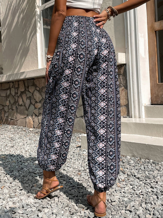 Allover Geo Print Tassel Knot Front Pants