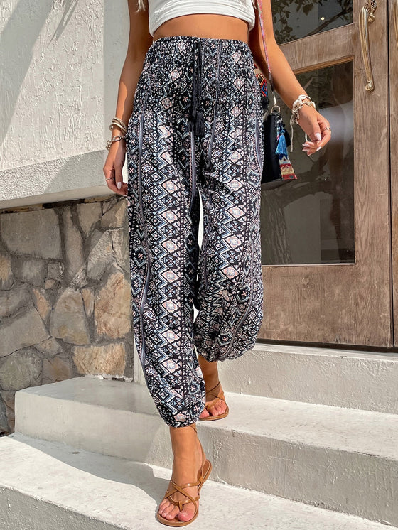 Allover Geo Print Tassel Knot Front Pants