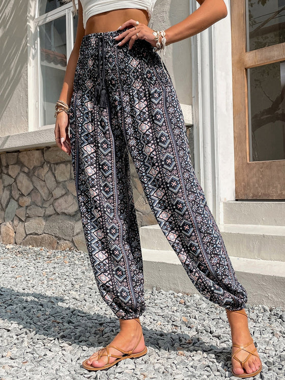 Allover Geo Print Tassel Knot Front Pants