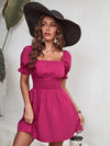 Square Neck Puff Sleeve Shirred Waist Dress