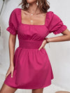 Square Neck Puff Sleeve Shirred Waist Dress