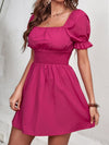 Square Neck Puff Sleeve Shirred Waist Dress