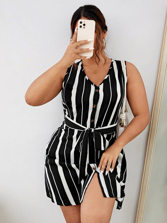 Frenchy Plus Striped Button Front Belted Dress
