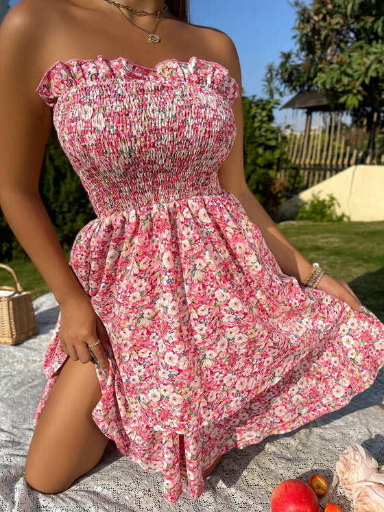 Shirred Bodice Layered Allover Floral Tube Dress