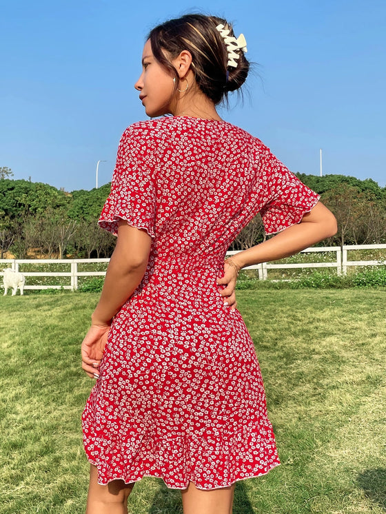 Ditsy Floral Flounce Sleeve Ruffle Trim Wrap Hem Belted Dress