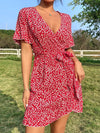 Ditsy Floral Flounce Sleeve Ruffle Trim Wrap Hem Belted Dress
