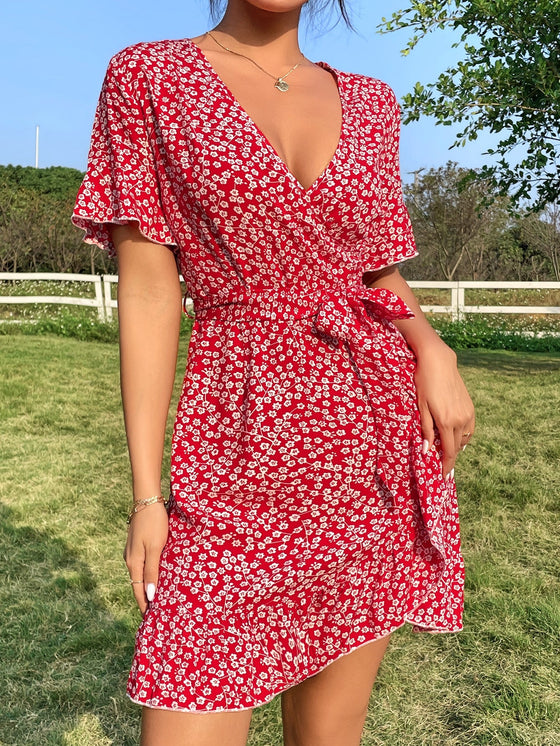 Ditsy Floral Flounce Sleeve Ruffle Trim Wrap Hem Belted Dress