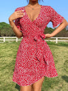 Ditsy Floral Flounce Sleeve Ruffle Trim Wrap Hem Belted Dress