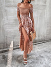 Floral Print Off Shoulder Shirred Split Thigh Dress