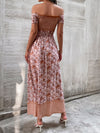 Floral Print Off Shoulder Shirred Split Thigh Dress