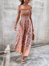 Floral Print Off Shoulder Shirred Split Thigh Dress