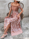 Floral Print Off Shoulder Shirred Split Thigh Dress