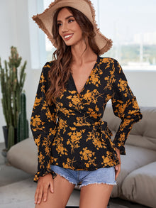  Floral Print Shirred Cuff Knot Side Wrap Blouse