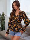 Floral Print Shirred Cuff Knot Side Wrap Blouse