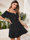Off Shoulder Ruffle Trim Knot Front Dress