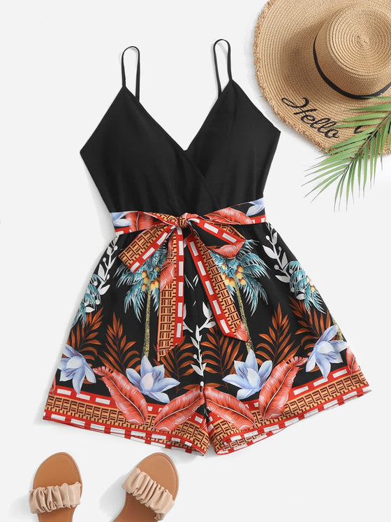 Tropical Print Belted Cami Romper