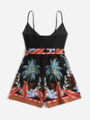 Tropical Print Belted Cami Romper
