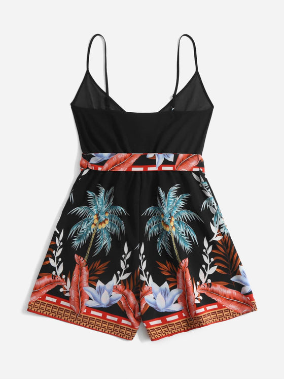 Tropical Print Belted Cami Romper