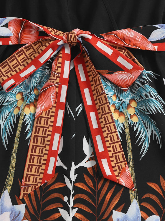 Tropical Print Belted Cami Romper