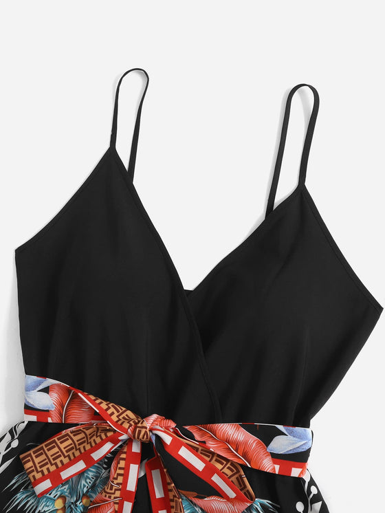 Tropical Print Belted Cami Romper