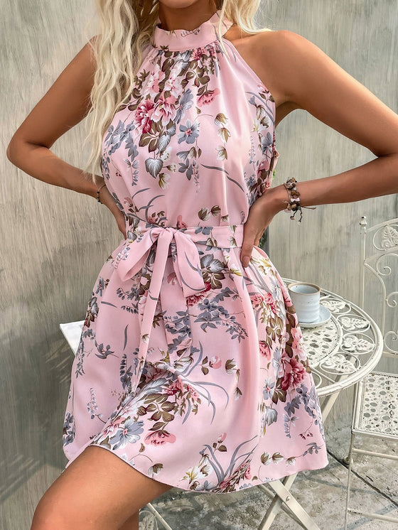 Floral Print Belted Halter Dress