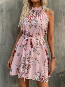  Floral Print Belted Halter Dress