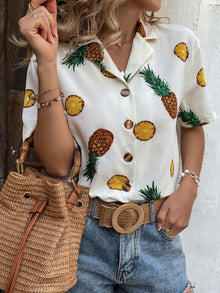  Pineapple Print Lapel Neck Blouse