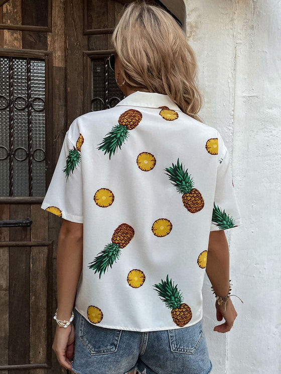 Pineapple Print Lapel Neck Blouse