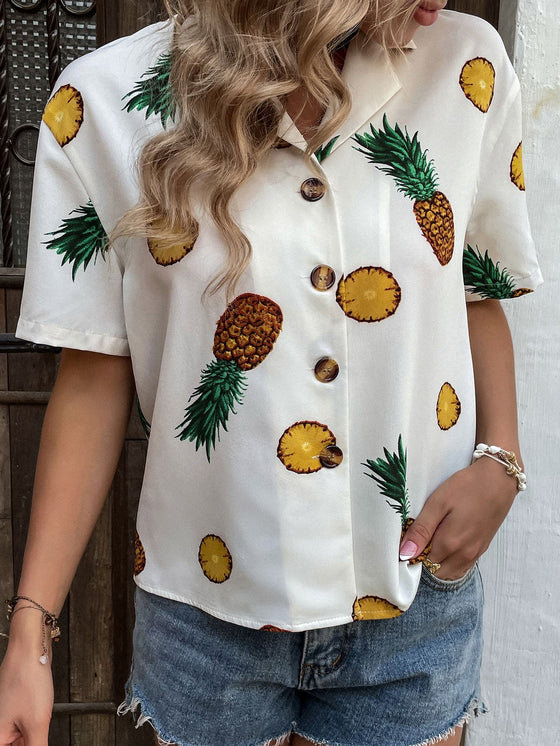 Pineapple Print Lapel Neck Blouse