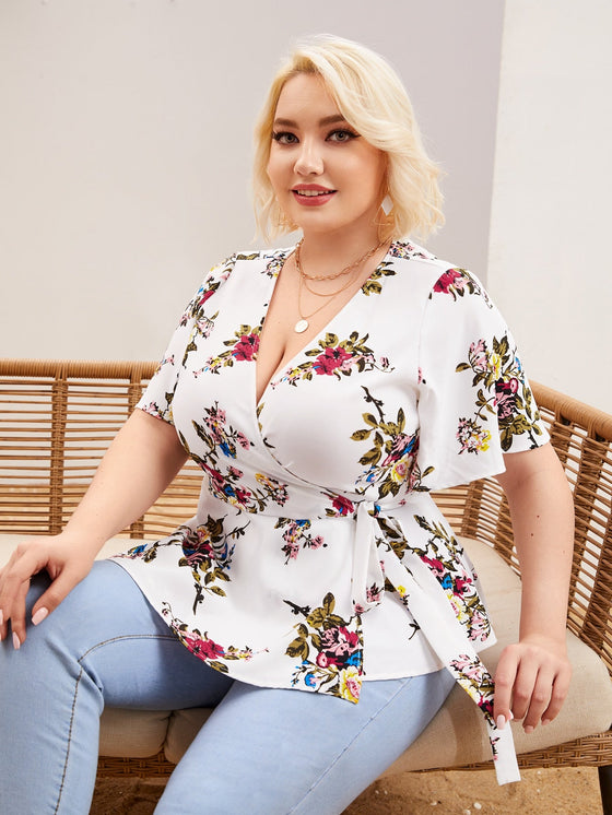Plus Floral Print Wrap Top