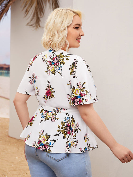Plus Floral Print Wrap Top