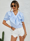 Gingham Ruffle Trim Flounce Sleeve Blouse