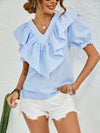 Gingham Ruffle Trim Flounce Sleeve Blouse
