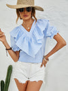 Gingham Ruffle Trim Flounce Sleeve Blouse