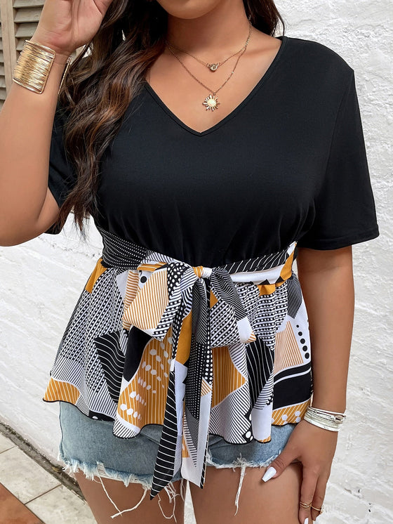 Plus Contrast Geo Print Belted Peplum Top