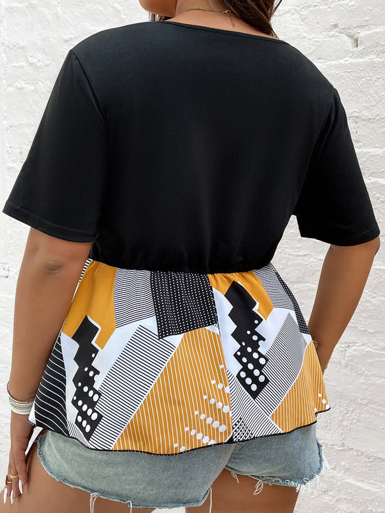Plus Contrast Geo Print Belted Peplum Top