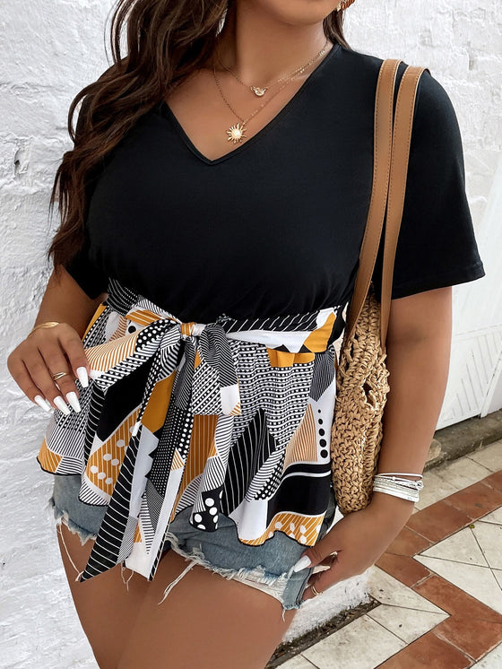 Plus Contrast Geo Print Belted Peplum Top