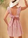 Striped Print Tied Backless Ruffle Trim Dress