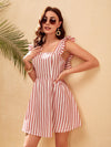 Striped Print Tied Backless Ruffle Trim Dress