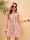 Striped Print Tied Backless Ruffle Trim Dress