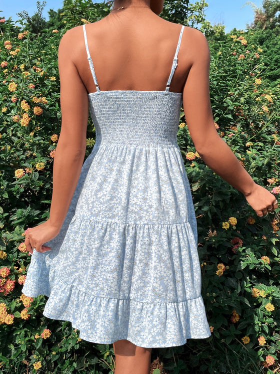 Random Allover Floral Print Ruched Bust Ruffle Hem Cami Dress