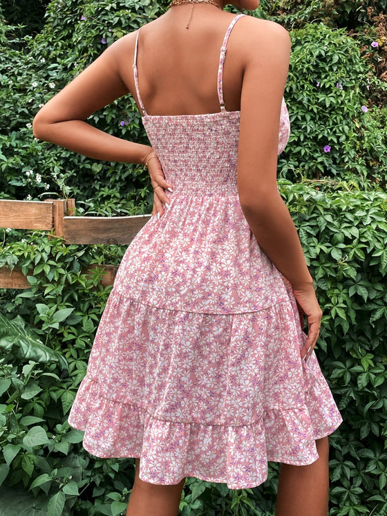 Random Allover Floral Print Ruched Bust Ruffle Hem Cami Dress