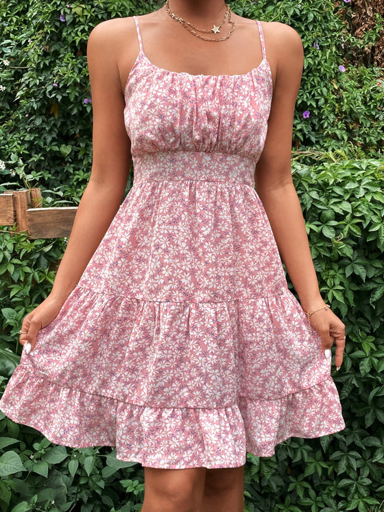 Random Allover Floral Print Ruched Bust Ruffle Hem Cami Dress