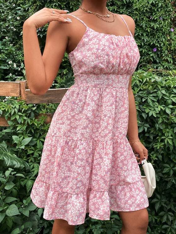 Random Allover Floral Print Ruched Bust Ruffle Hem Cami Dress