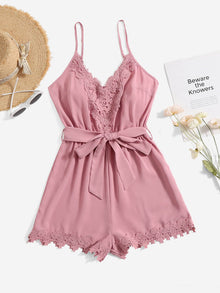  Contrast Lace Belted Cami Romper