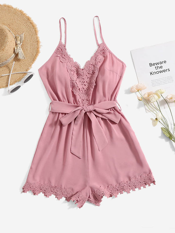 Contrast Lace Belted Cami Romper